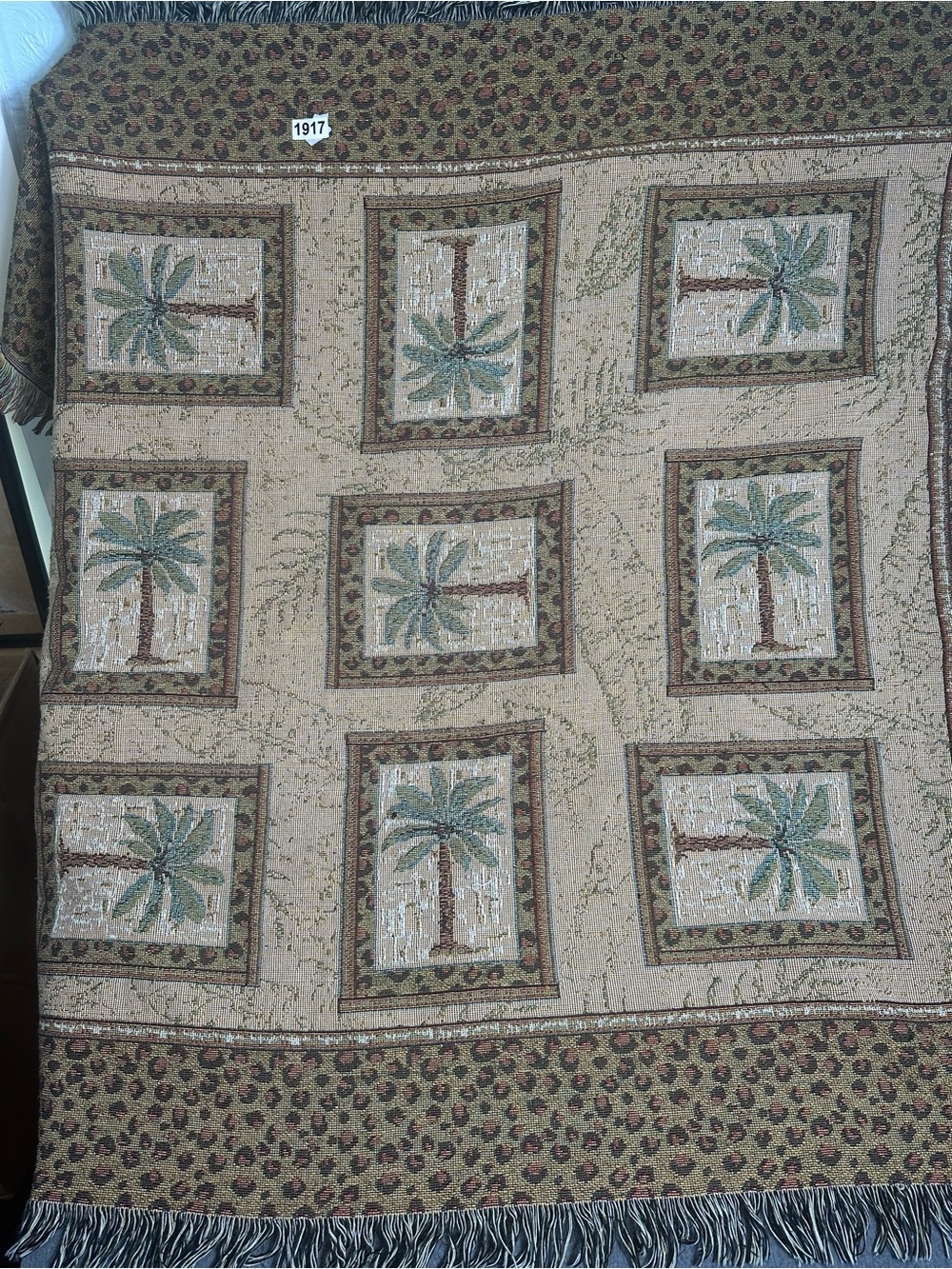 Vintage Mohawk Tropical Palm Woven Throw Blanket in Beige and Green
